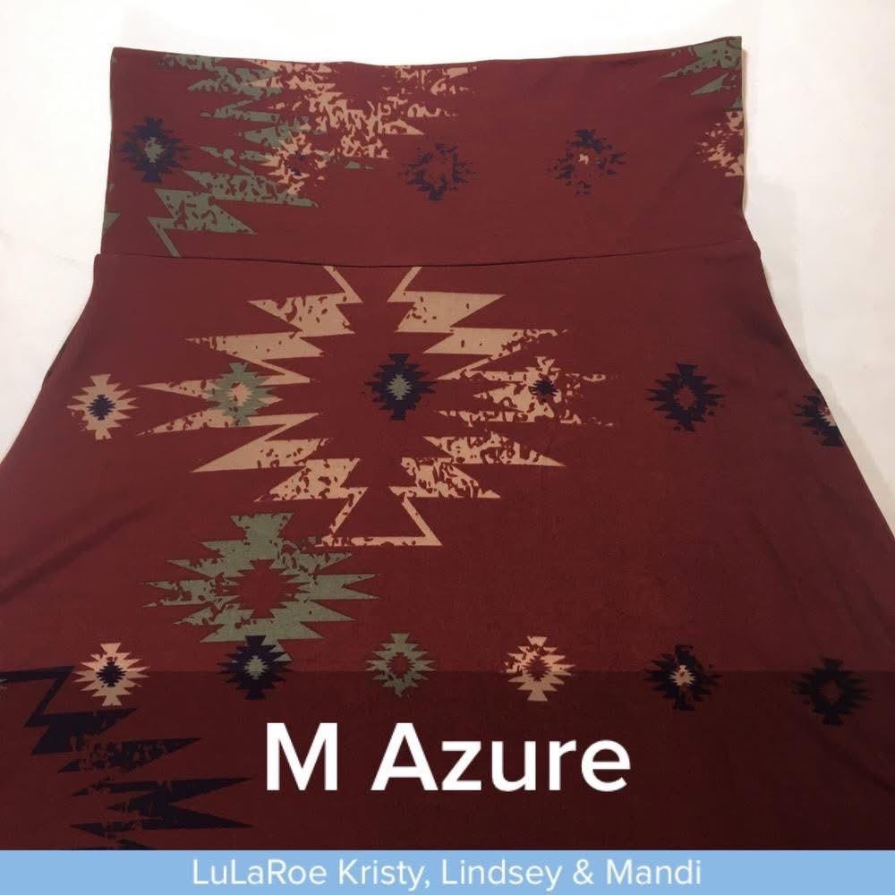 LuLaRoe M Azure Skirt with Burgundy, Green & Tan Pattern